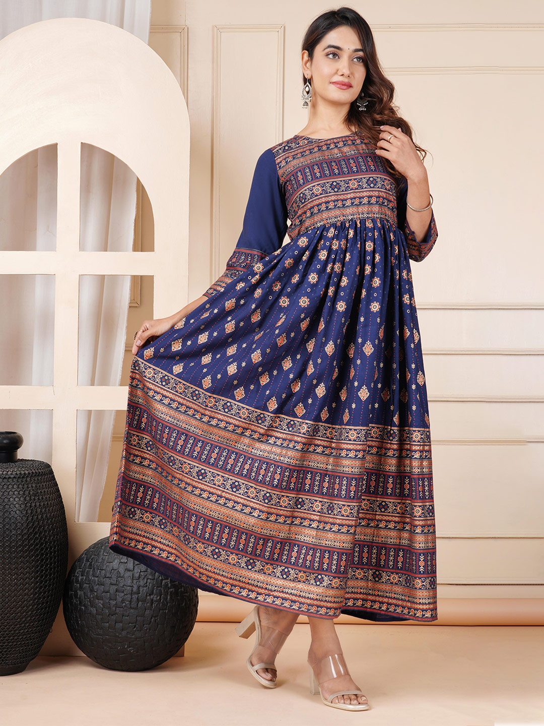 

KALINI Ethnic Motifs Printed Fit and Flare Maxi Ethnic Dress, Blue