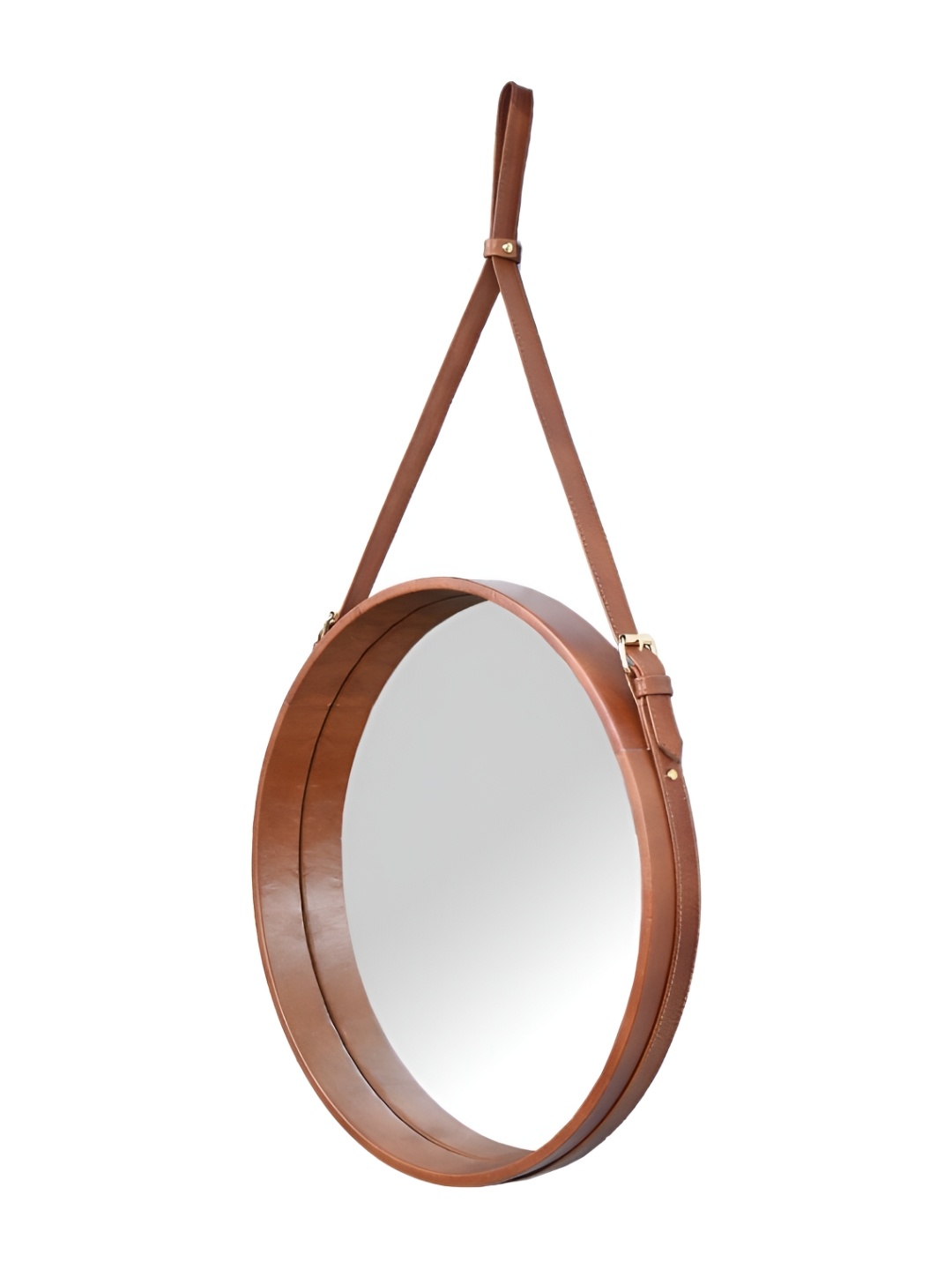 

CasaGold Rose Gold Toned Leather Framed Round Bathroom Wall Mirror With Belt