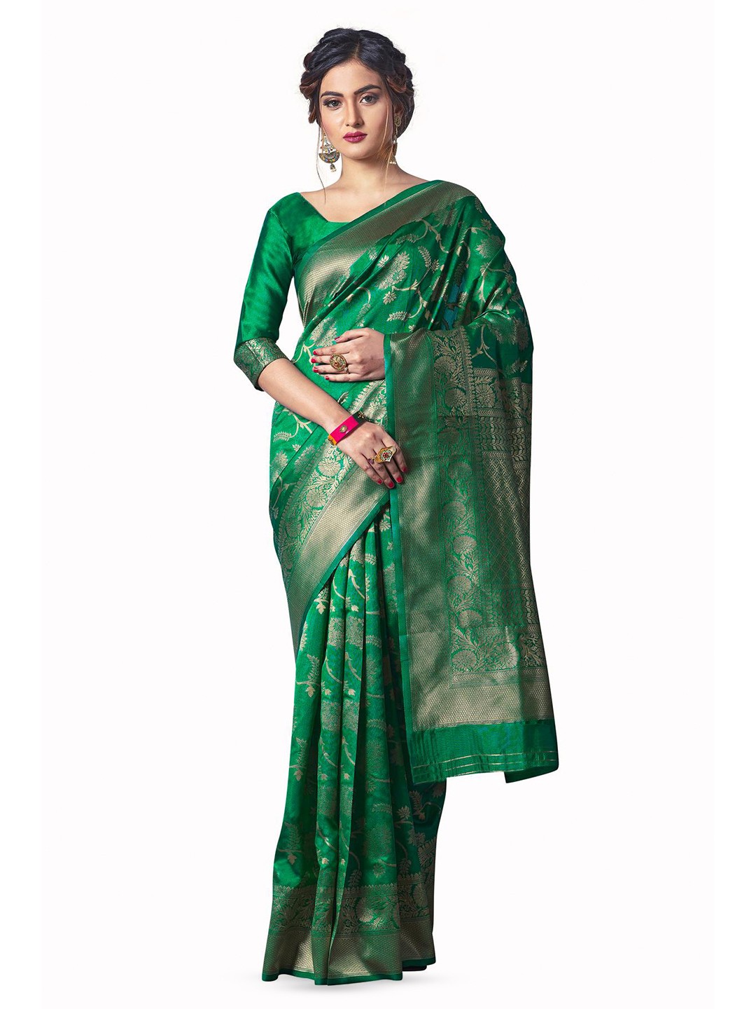 

LIMDO Ethnic Motifs Woven Design Pure Silk Banarasi Saree, Green