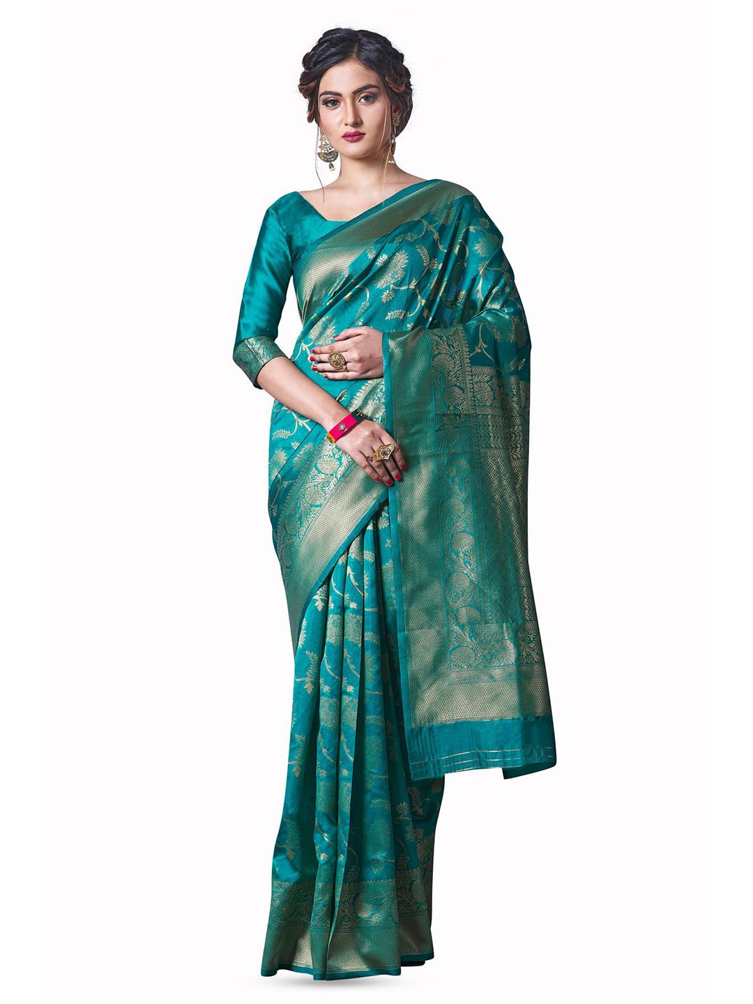 

LIMDO Ethnic Motifs Woven Design Pure Silk Banarasi Saree, Teal