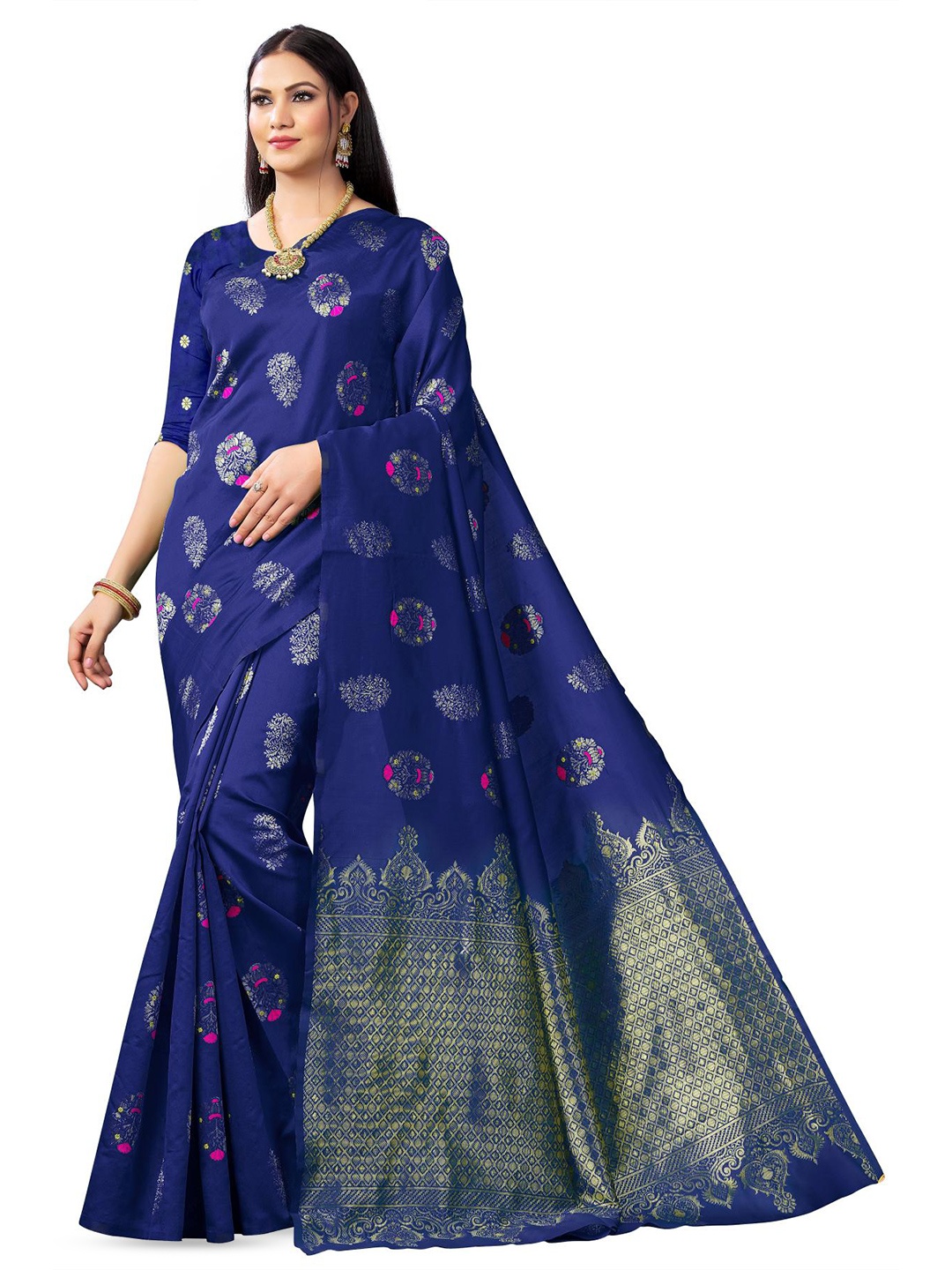 

LIMDO Ethnic Motifs Woven Design Pure Silk Banarasi Saree, Navy blue