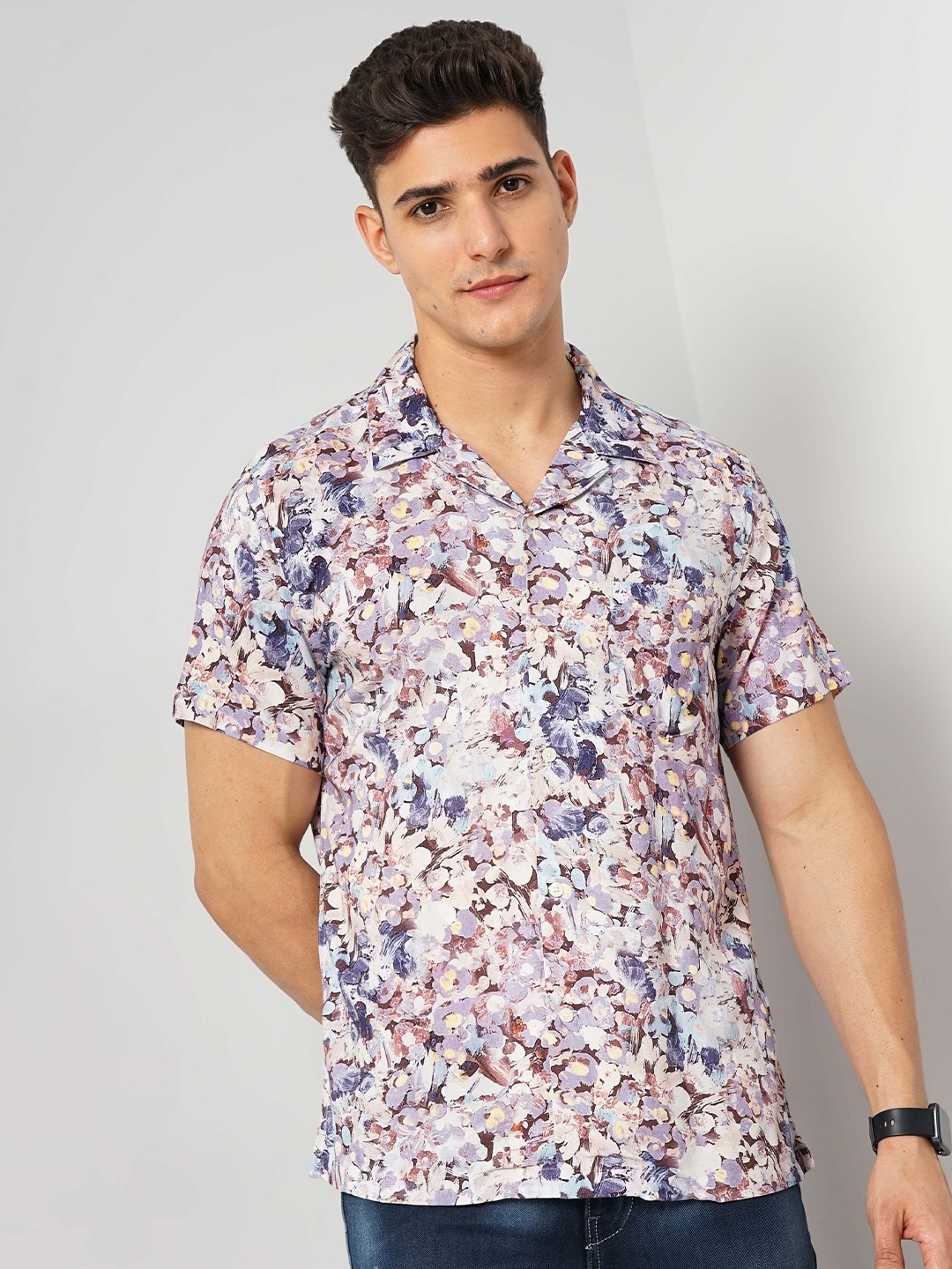 

Celio Classic Floral Printed Cuban Collar Casual Shirt, Blue