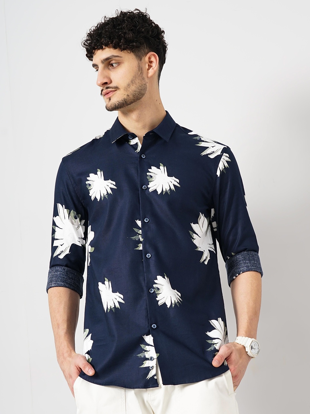 

Celio Classic Floral Printed Spread Collar Cotton Casual Shirt, Navy blue