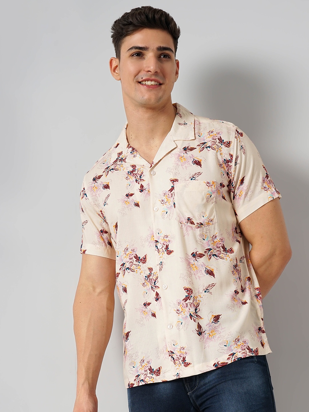 

Celio Classic Floral Printed Cuban Collar Casual Shirt, Beige