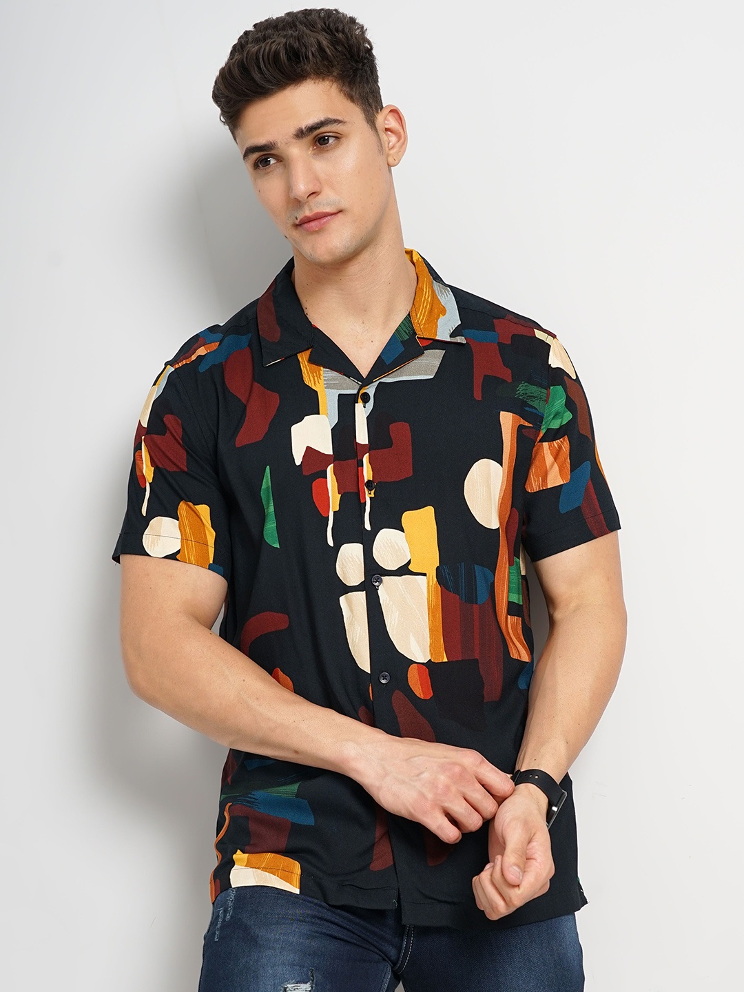 

Celio Classic Abstract Printed Cuban Collar Casual Shirt, Black