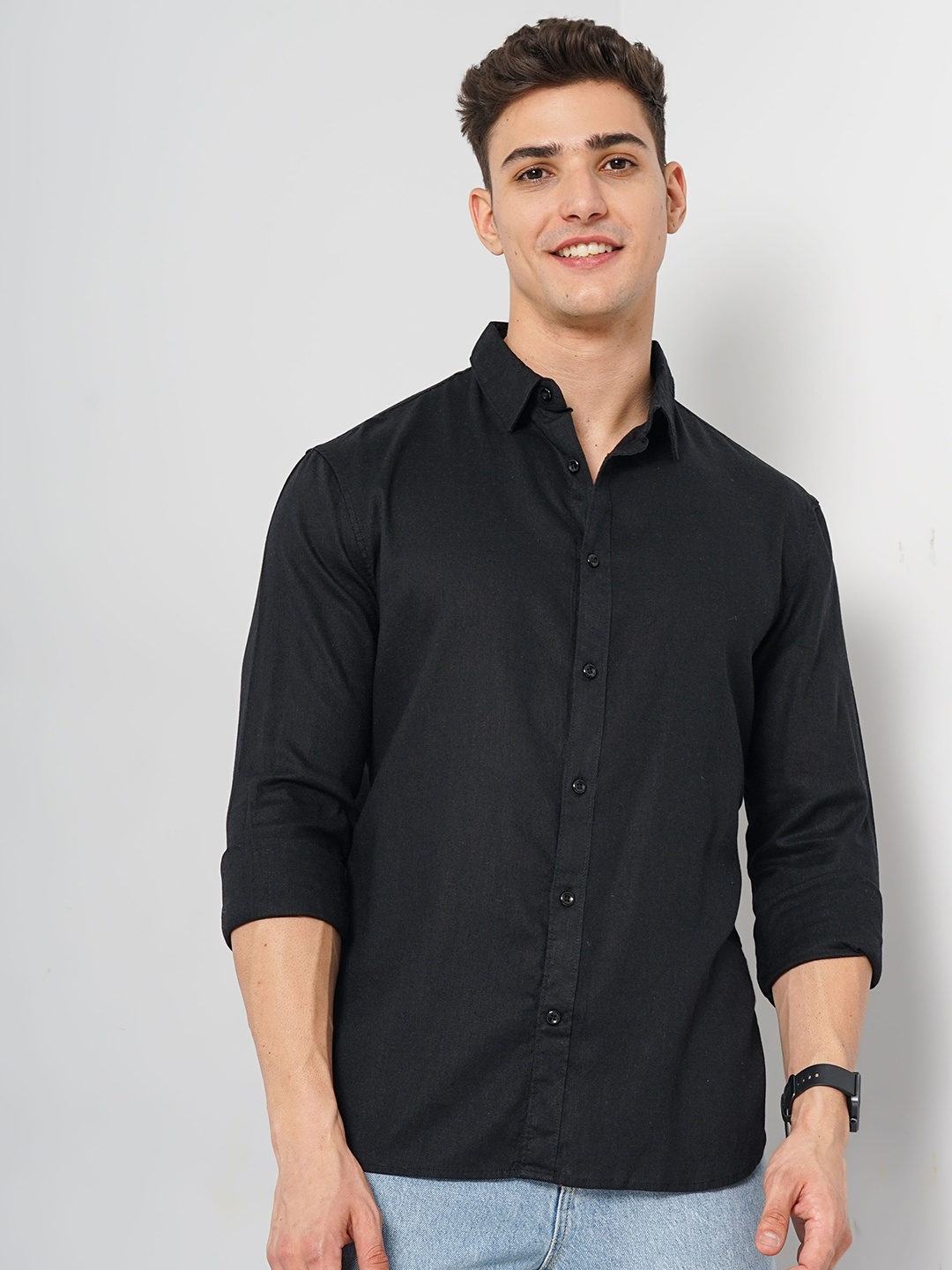 

Celio Classic Spread Collar Linen Casual Shirt, Black