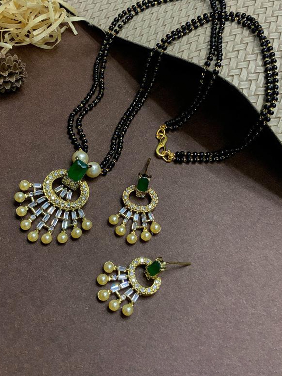 

ABDESIGNS Gold-plated Stone-studded & Beaded Mangalsutra Set