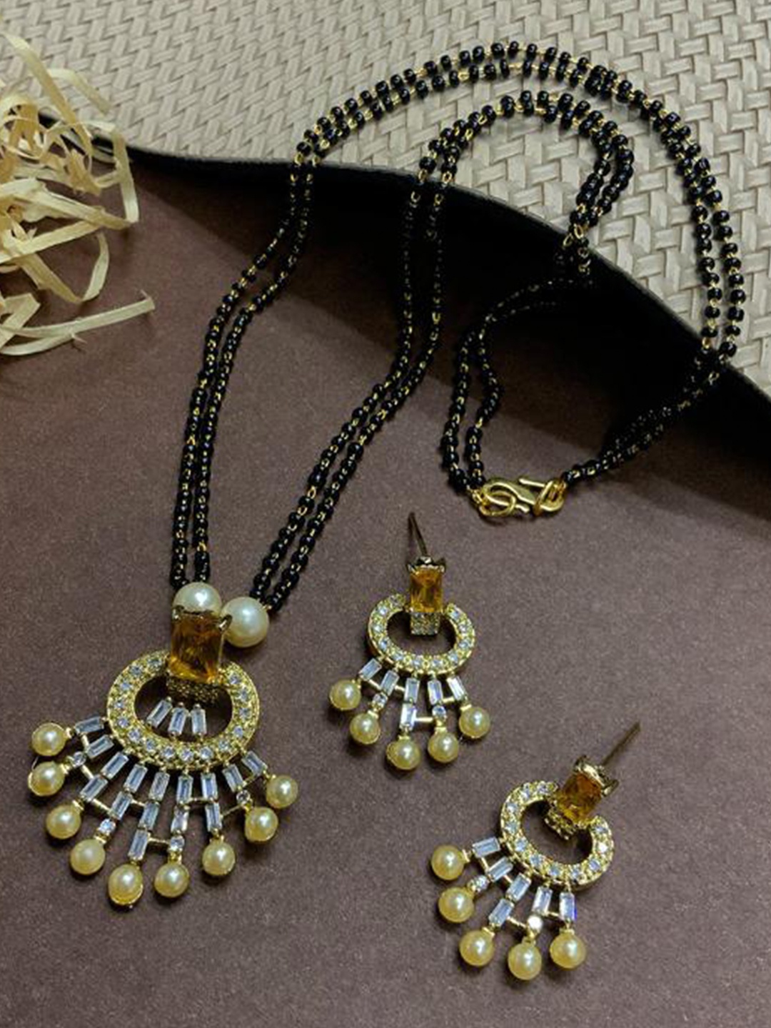 

ABDESIGNS Gold-Plated Stone-Studded & Beaded Mangalsutra With Earrings