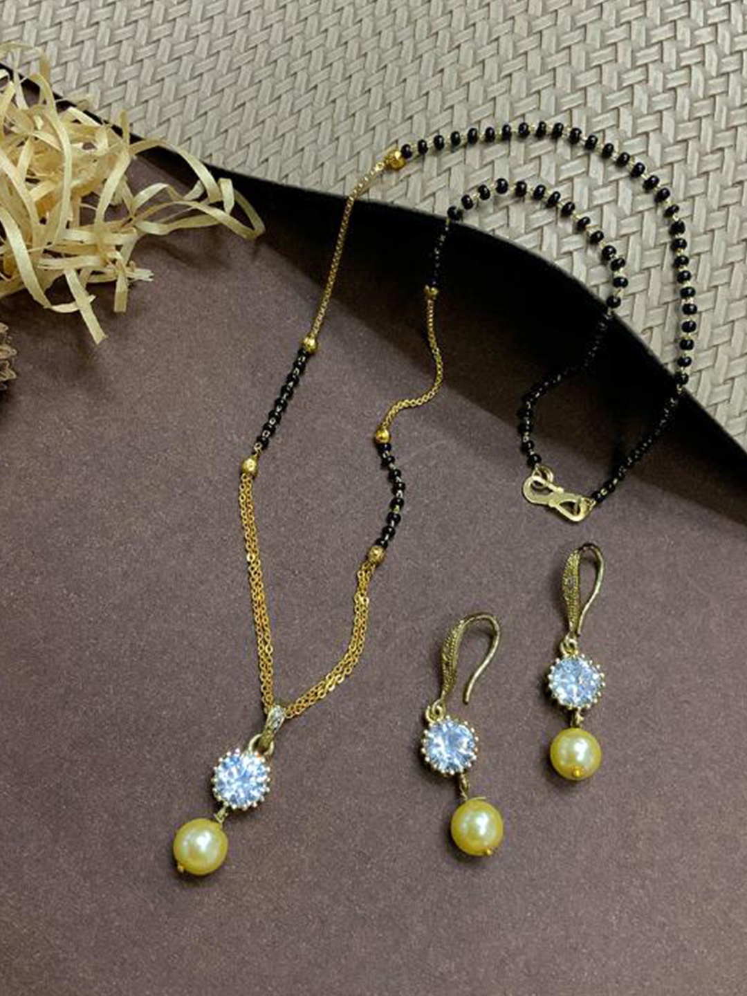 

ABDESIGNS Gold Plated Stones Studded & Beaded Mangalsutra With Earrings