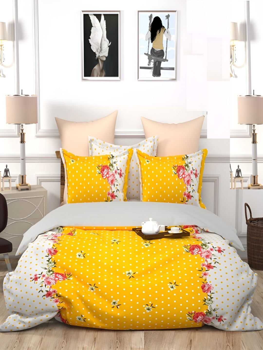 

Supreme Home Collective Yellow & White Floral 144 TC King Bedsheet with 2 Pillow Covers