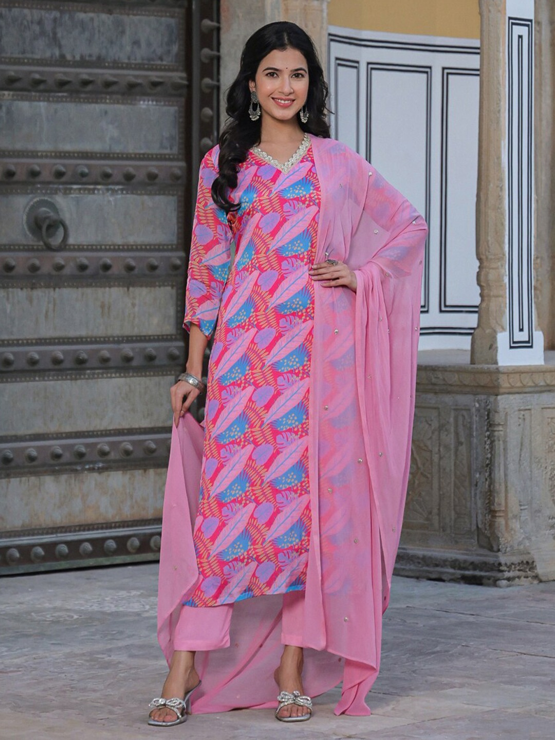 

KALINI V-neck Gotta Patti Floral Print Straight Kurta with Trousers & With Dupatta, Pink