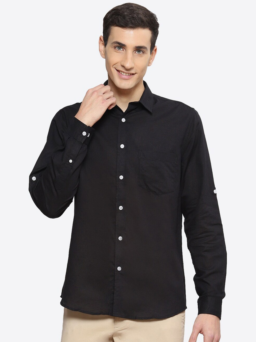 

2Bme Spread Collar Roll Up Sleeves Cotton Casual Shirt, Black