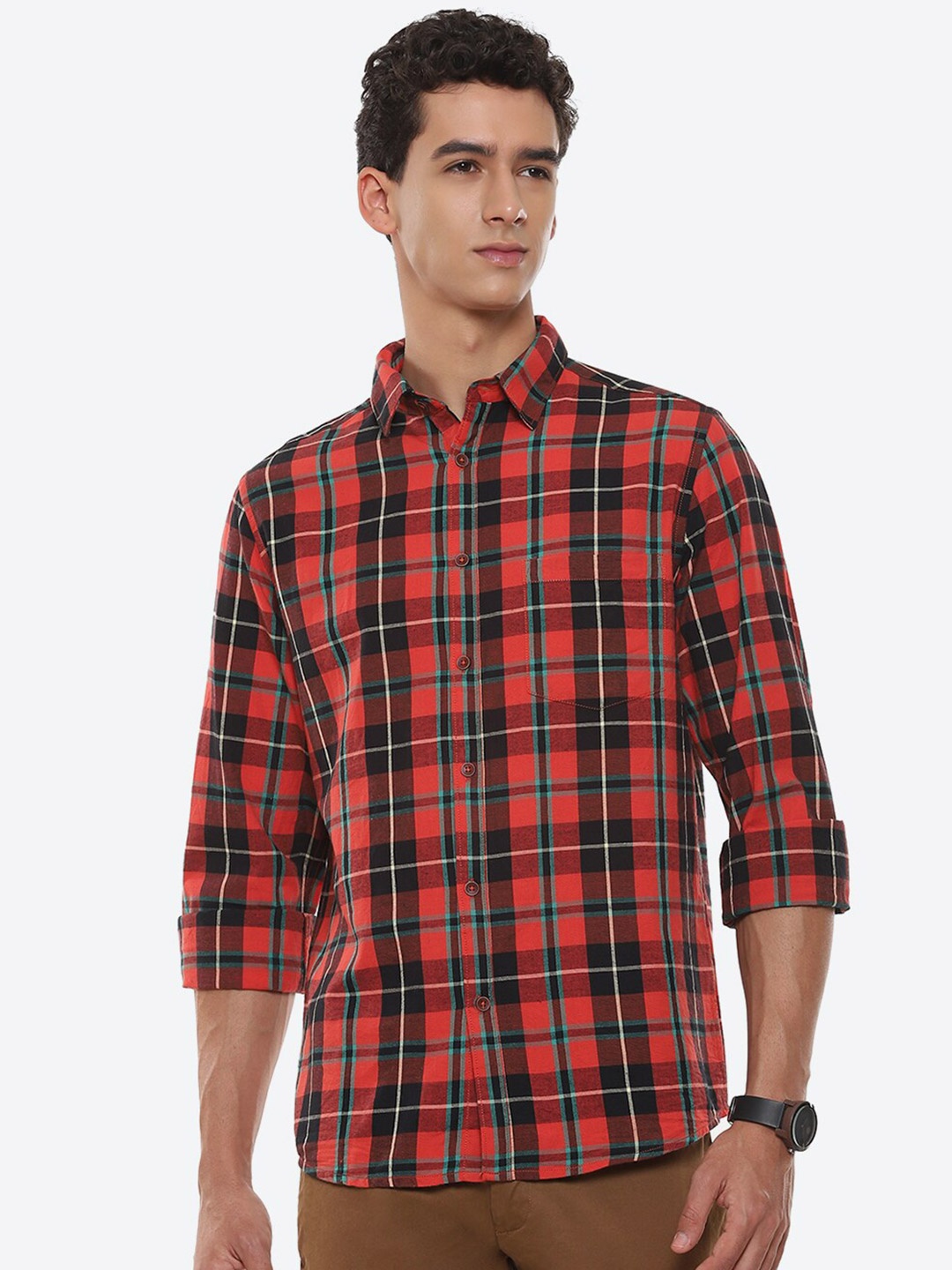 

2Bme Tartan Checked Spread Collar Cotton Casual Shirt, Red