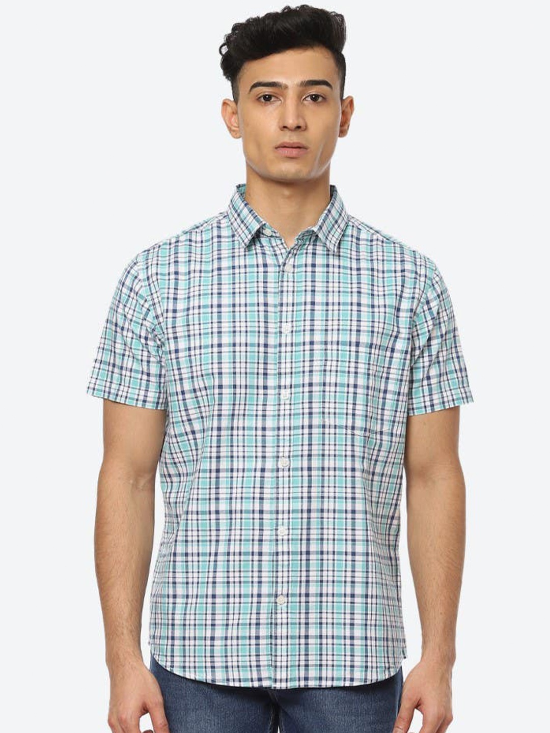 

2Bme Checked Spread Collar Cotton Casual Shirt, Sea green