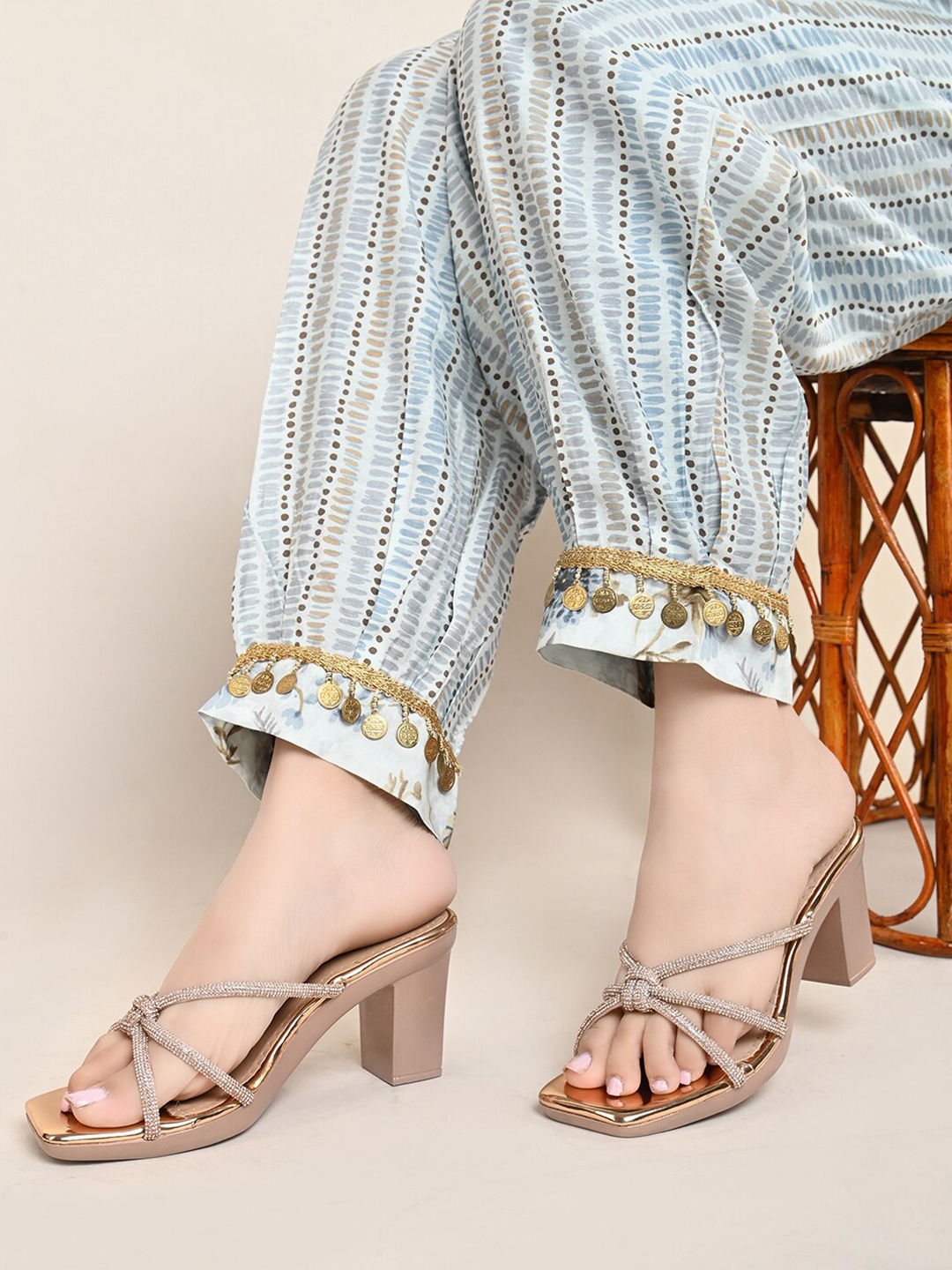 

XE Looks Embellished Open Toe Block Heels, Gold