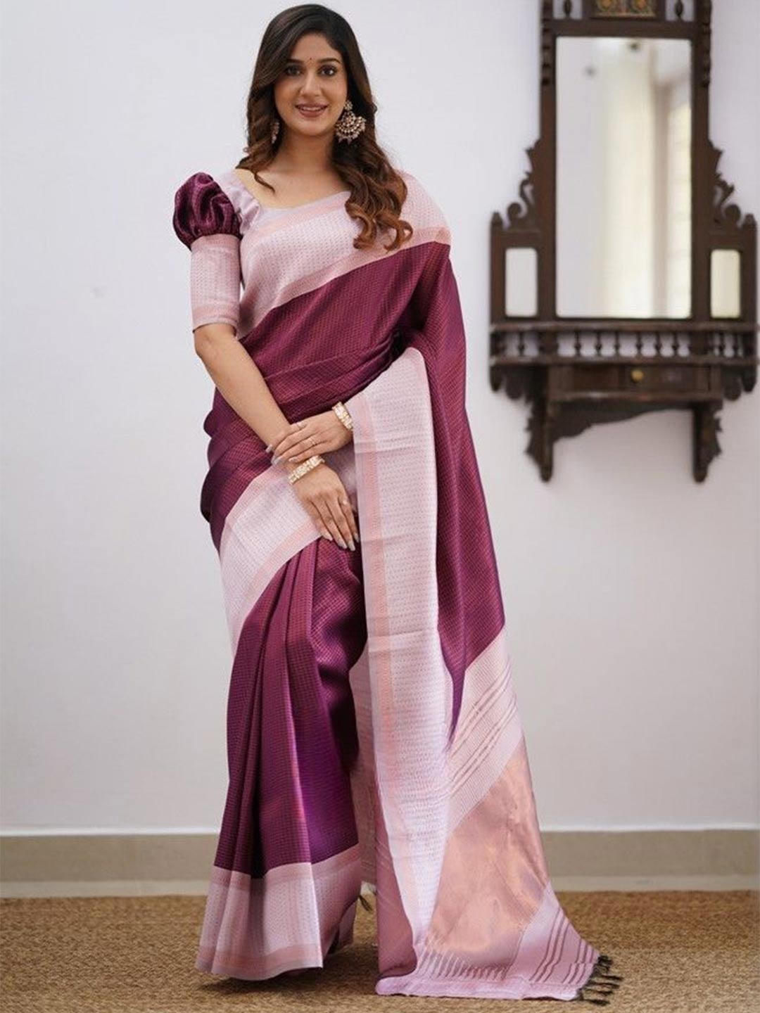 

Miss Beelee Woven Design Zari Silk Cotton Banarasi Saree, Maroon