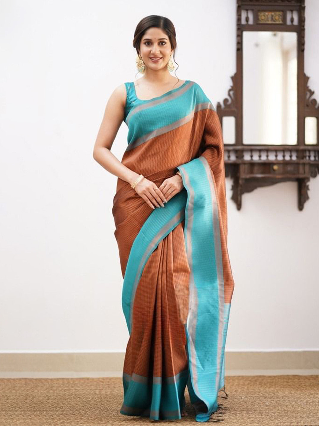 

Miss Beelee Woven Design Zari Silk Cotton Designer Banarasi Saree, Coffee brown