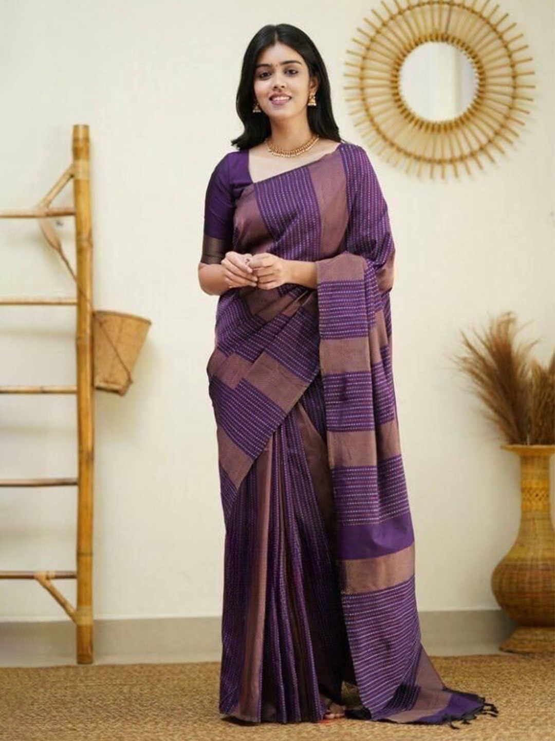 

Miss Beelee Woven Design Zari Silk Cotton Designer Banarasi Saree, Purple