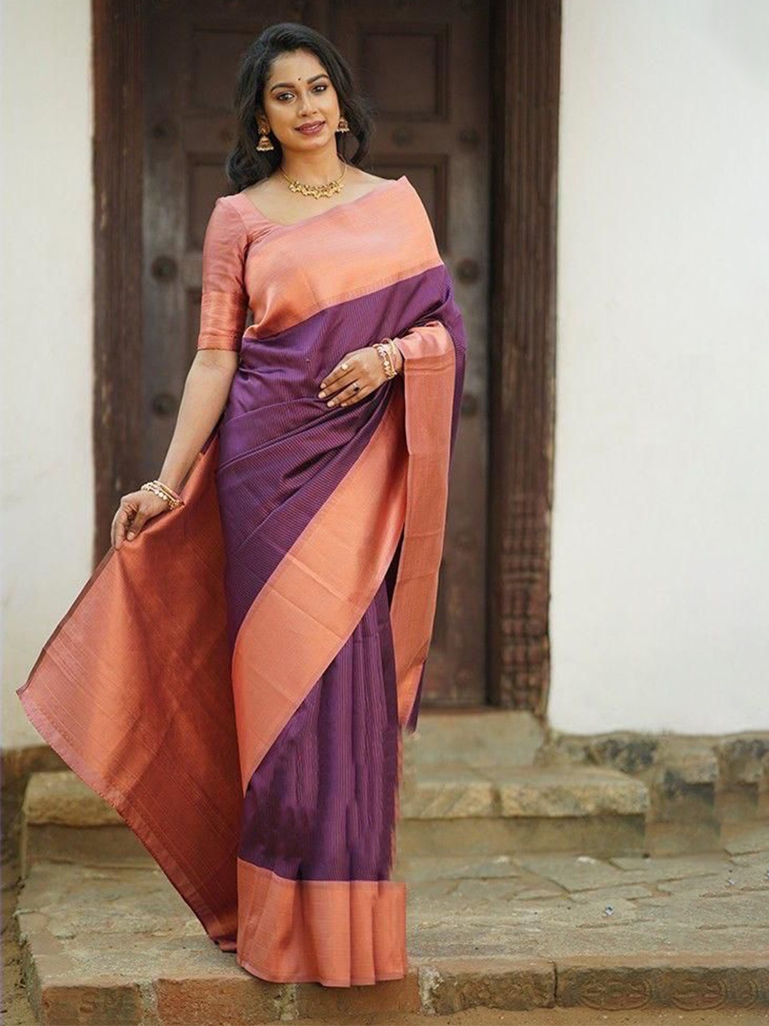 

Miss Beelee Woven Design Zari Silk Cotton Designer Banarasi Saree, Purple