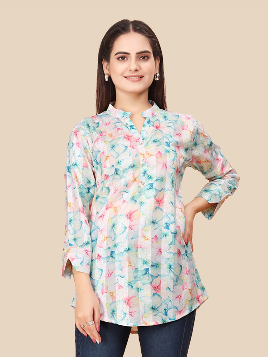 

N N ENTERPRISE Floral Print Mandarin Collar Three-Quarter Sleeves Cotton High-Low Top, Blue