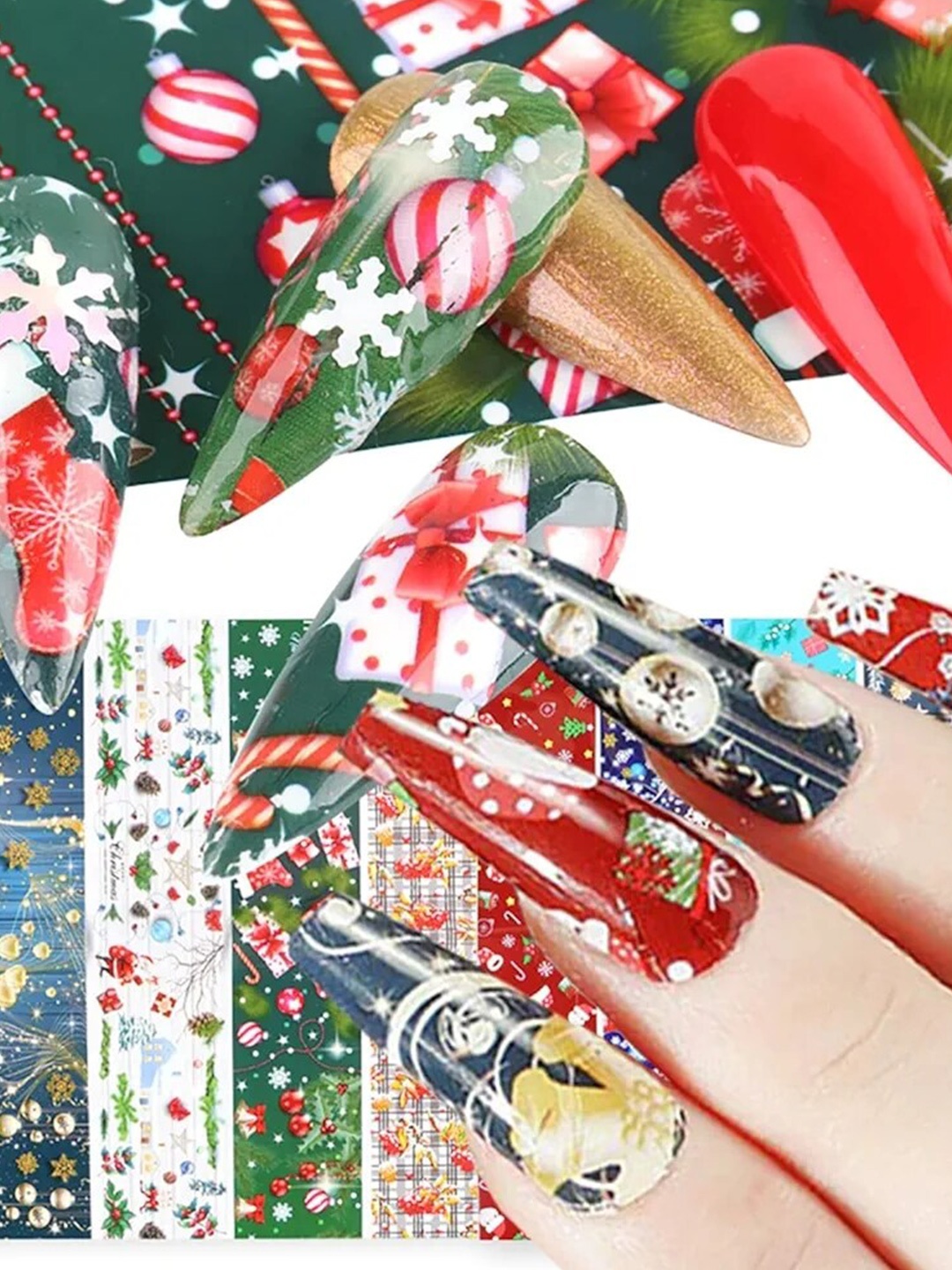 

FEELHIGH 10 Rolls Christmas Print Nail Foil Decals - 03, Red