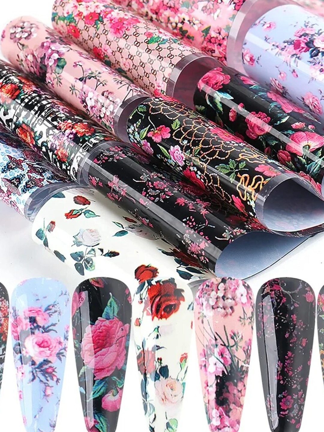 

FEELHIGH 10 Rolls Flowers Petals Print Nail Foil Decals - 06, Pink
