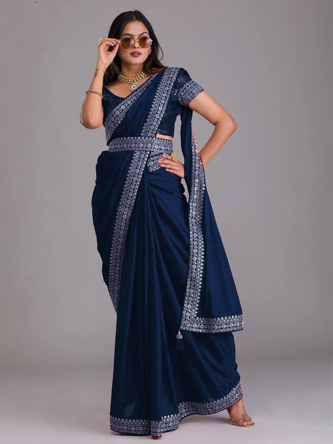 

RadadiyaTRD Sequin Embellished Pure Georgette Saree, Navy blue