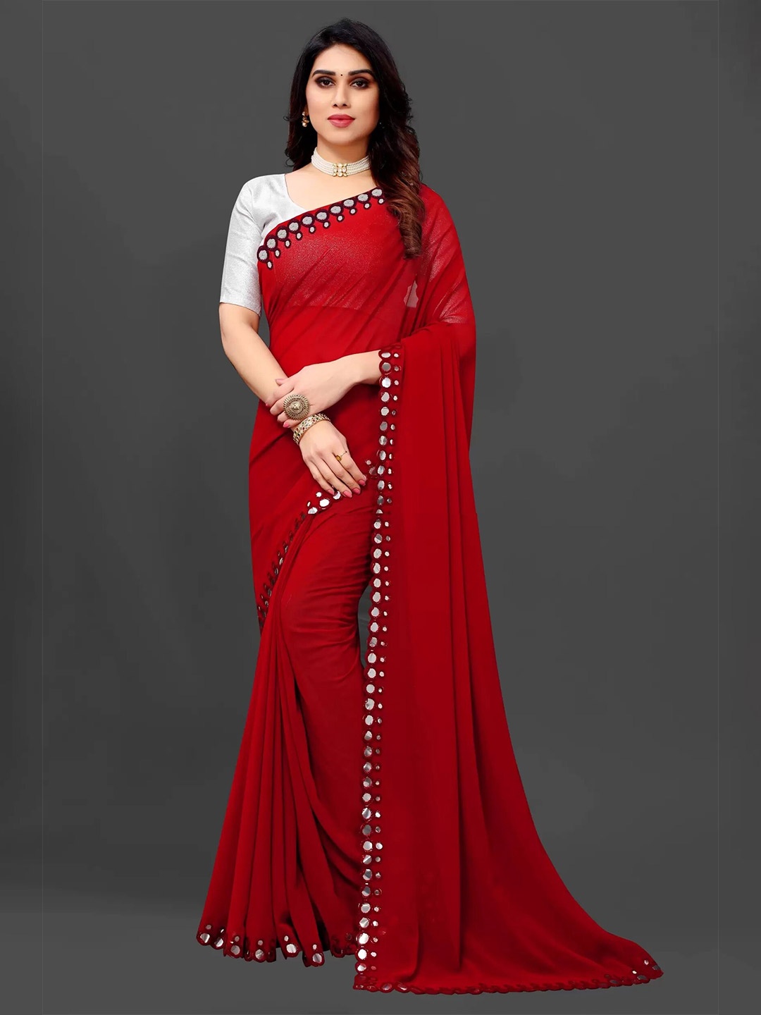 

RadadiyaTRD Mirror Embellished Pure Georgette Saree, Red