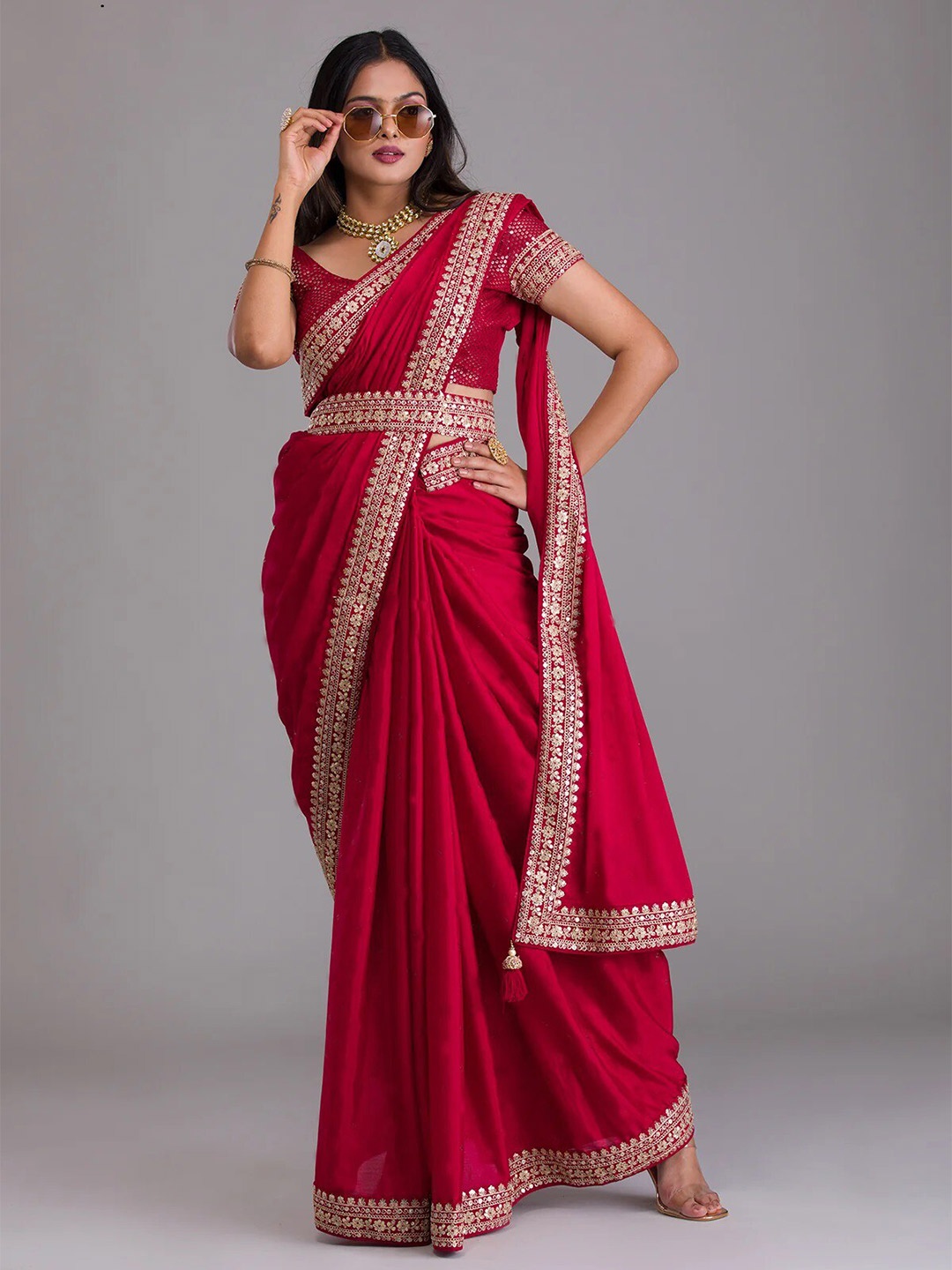 

RadadiyaTRD Ethnic Motif Sequin Embroidered Pure Georgette Saree, Red