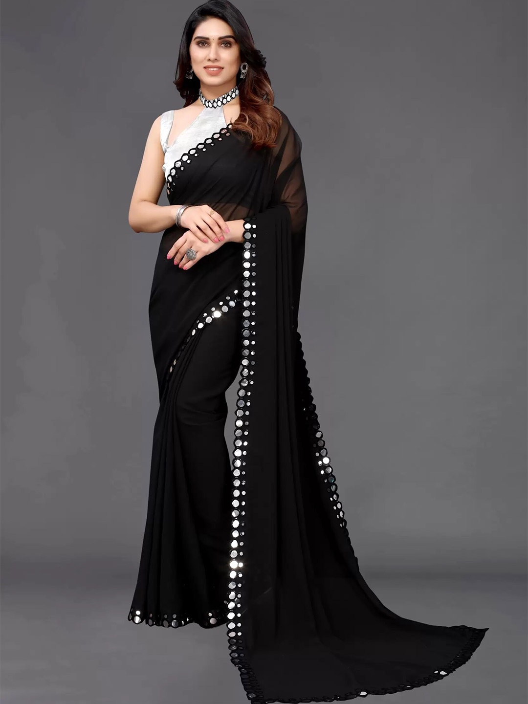 

RadadiyaTRD Mirror Embellished Pure Georgette Saree, Black