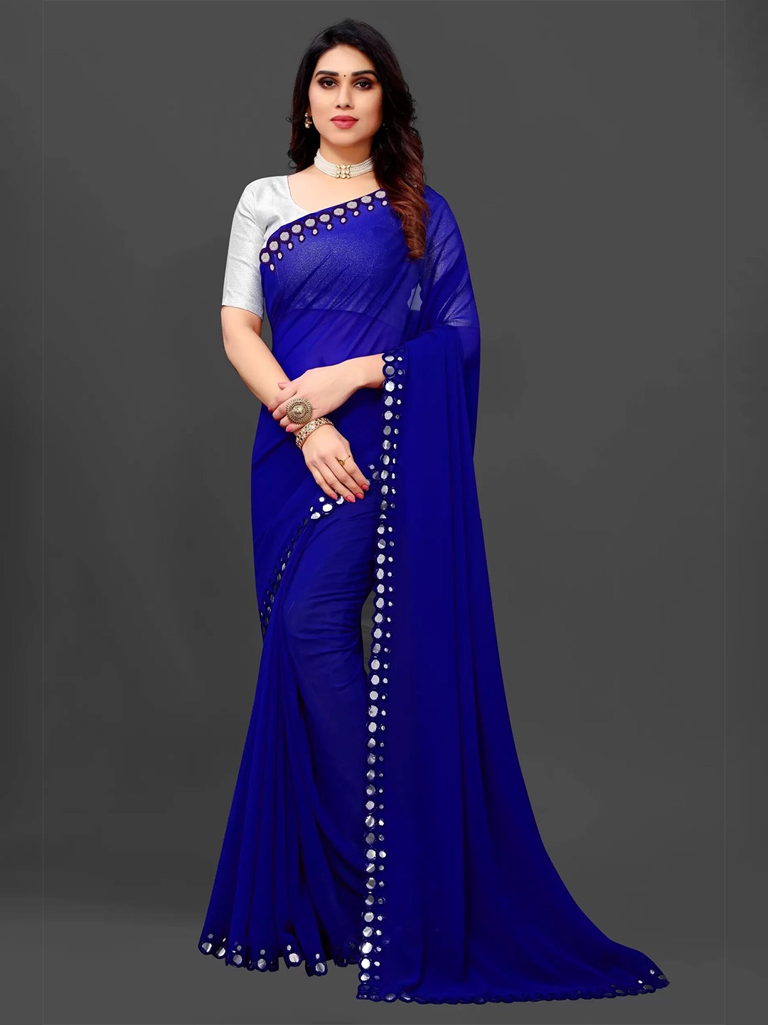 

RadadiyaTRD Mirror Embellished Pure Georgette Saree, Blue