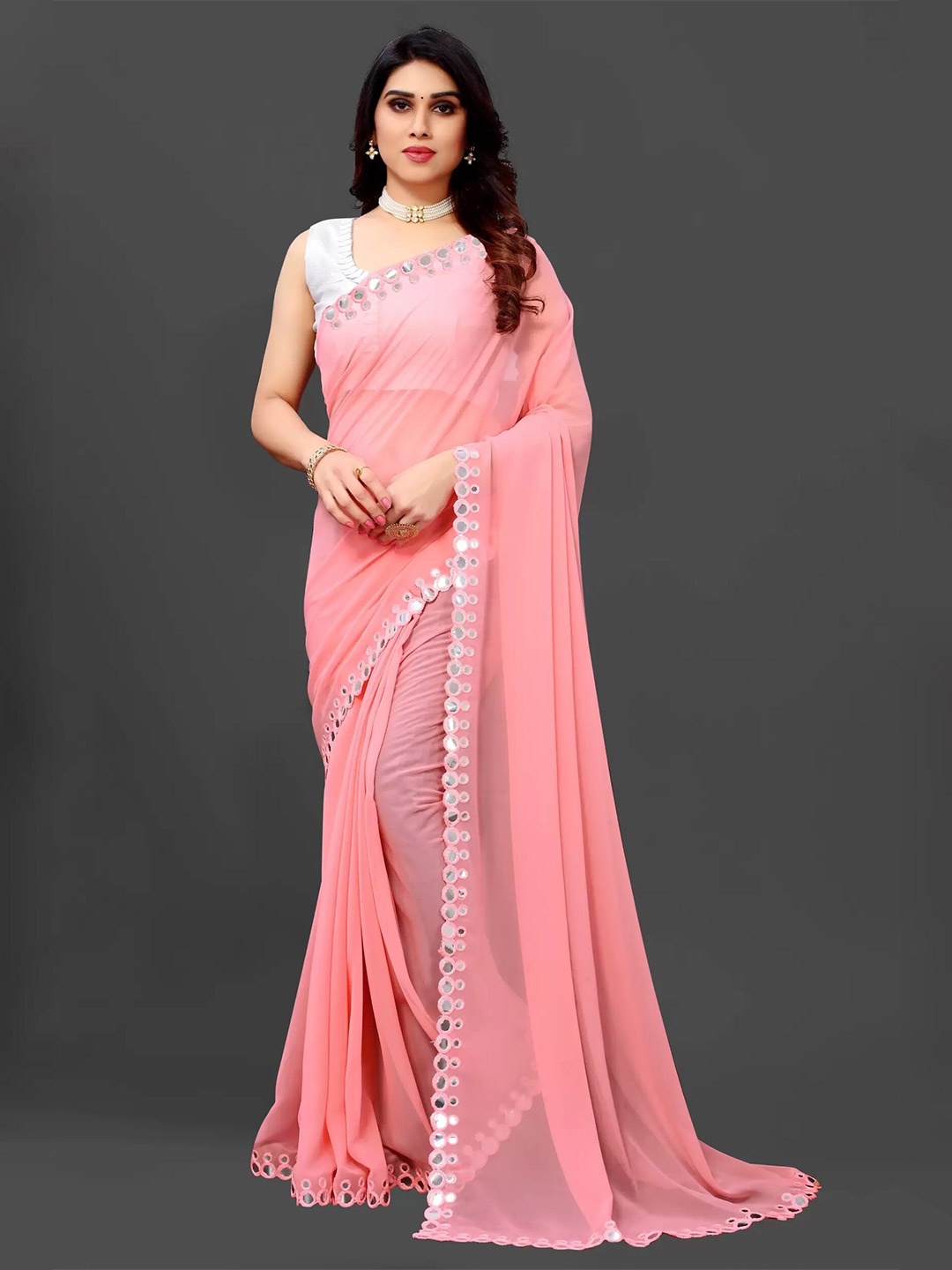 

RadadiyaTRD Mirror Embellished Pure Georgette Saree, Pink