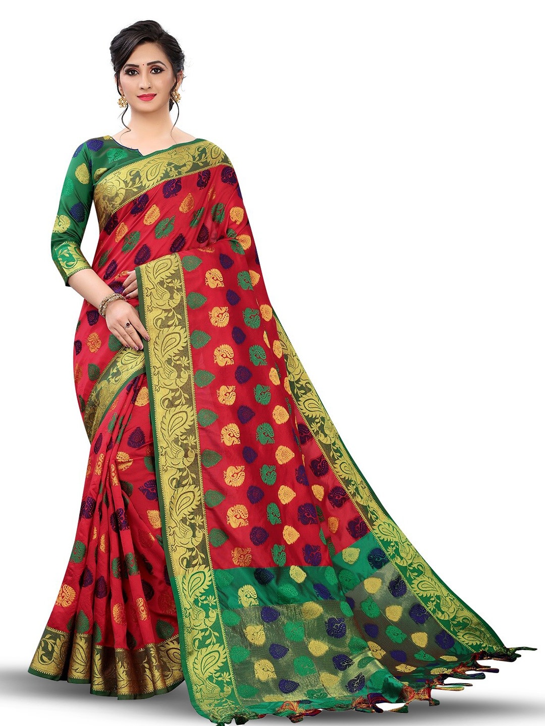 

RadadiyaTRD Ethnic Motif Woven Design Banarasi Saree, Red
