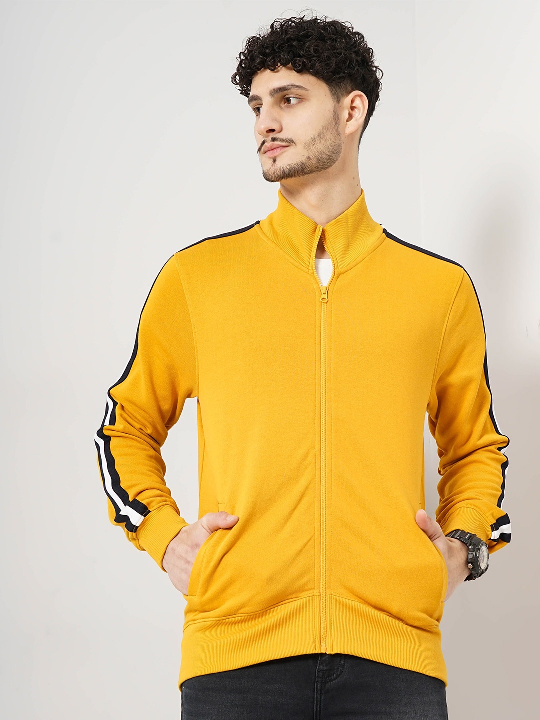 

Celio Mock Collar Long Sleeves Cotton Front-Open Sweatshirt, Yellow
