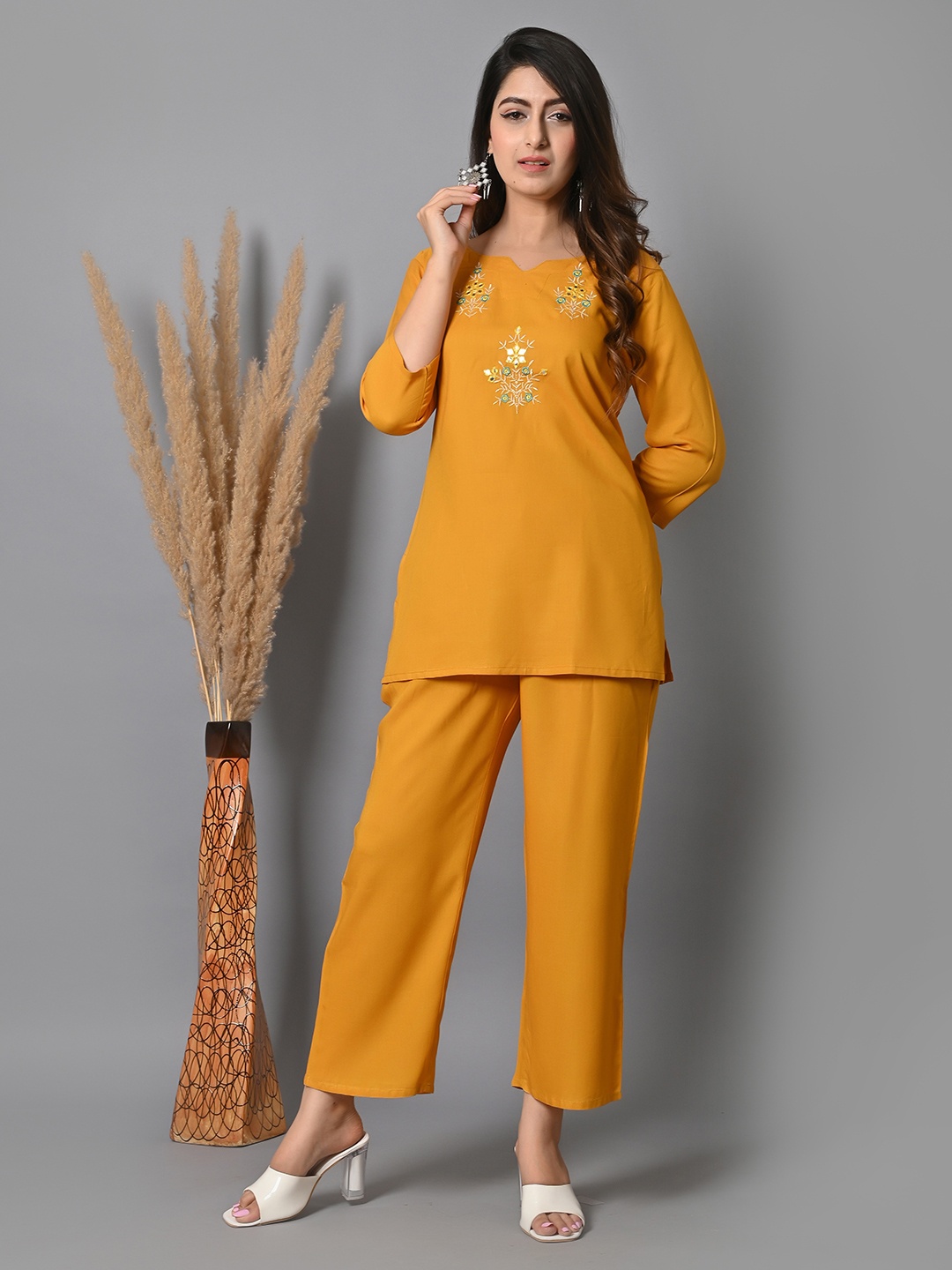 

IQRAAR Embroidered Notch Neck Top with Trouser, Mustard