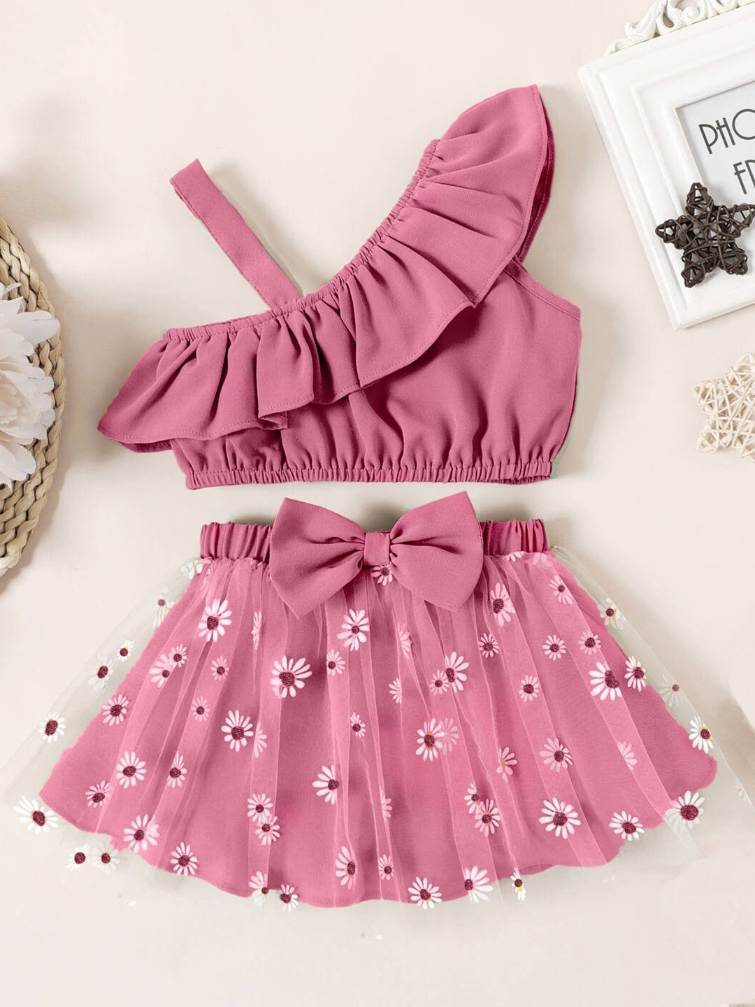 

BAESD Girls One Shoulder Top with Skirt, Pink