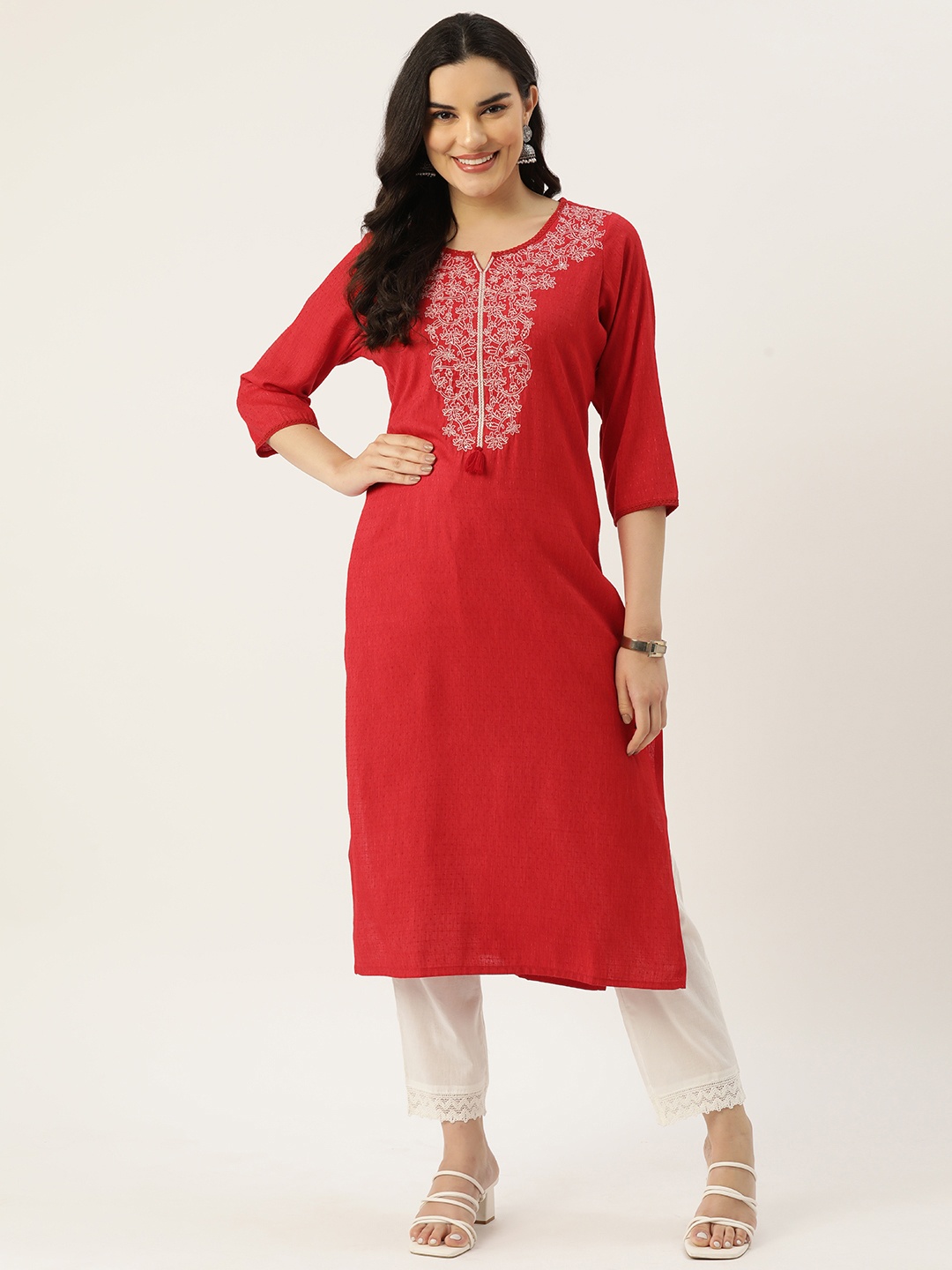 

Rue Collection Women Yoke Design Embroidered Thread Work Kurta, Red