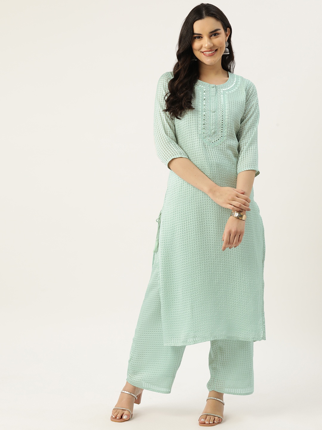 

Rue Collection Women Checked Mirror Work Kurta with Palazzos, Green