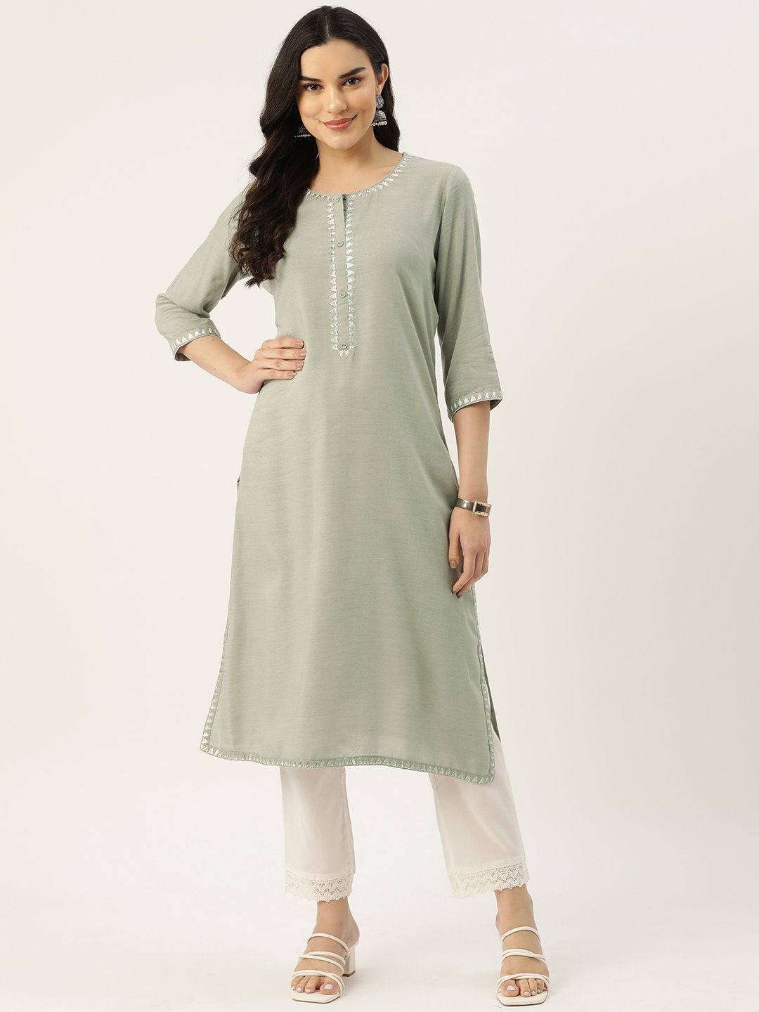 

Rue Collection Women Geometric Yoke Design Embroidered Thread Work Kurta, Grey