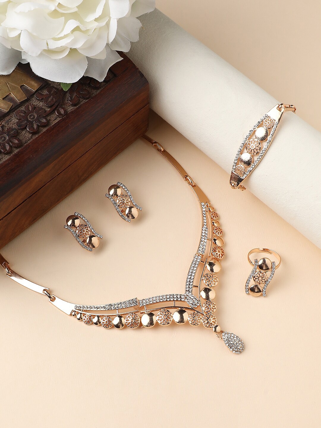 

Anouk White Gold-Plated Stone Studded Necklace & Earrings With Bracelet Ring