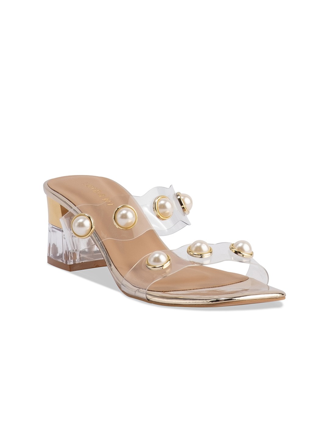

ERIDANI Embellished Open Toe Block Heels, Gold