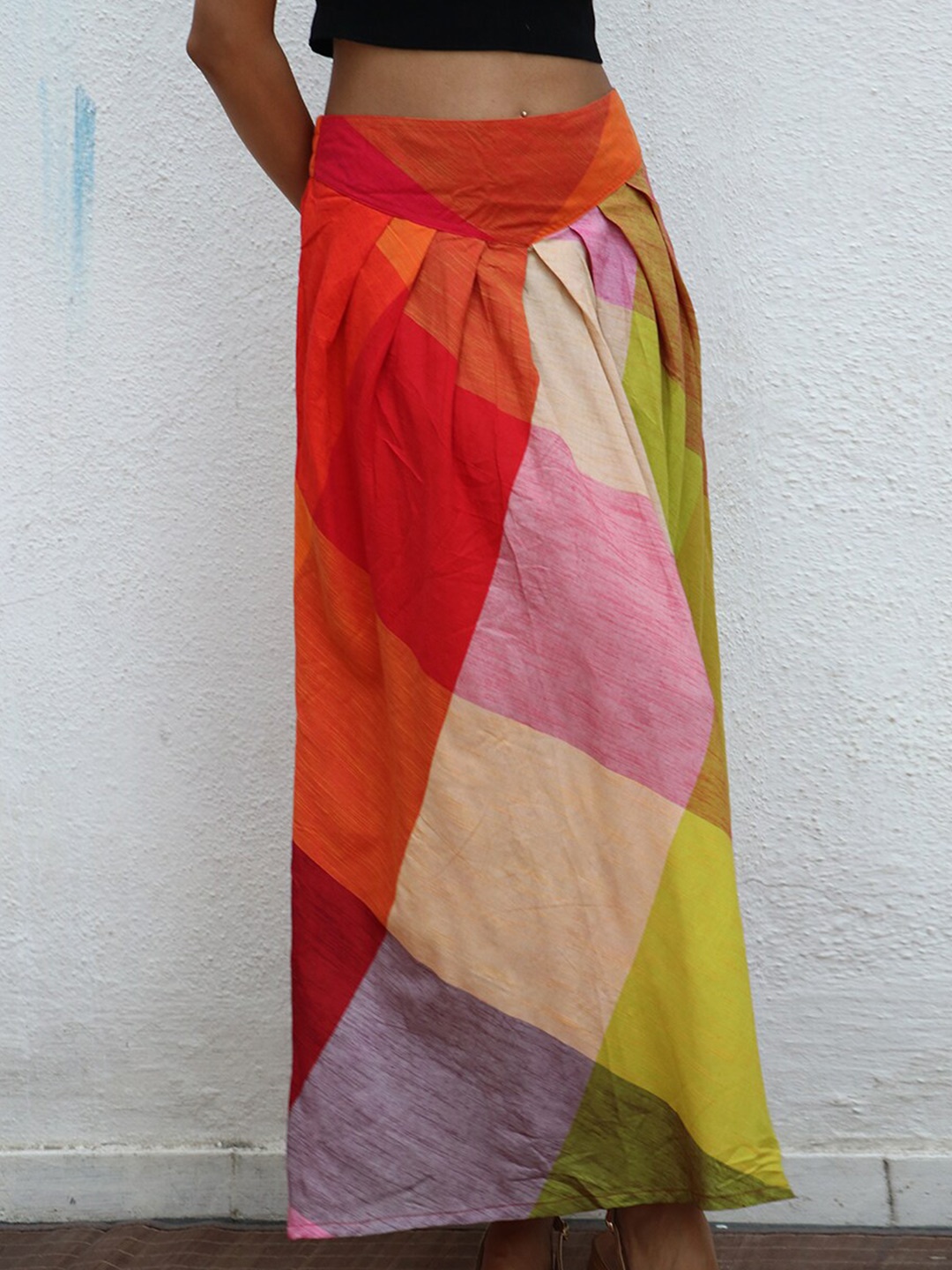 

Chidiyaa Colourblocked Pure Cotton Flared Maxi Skirt, Green