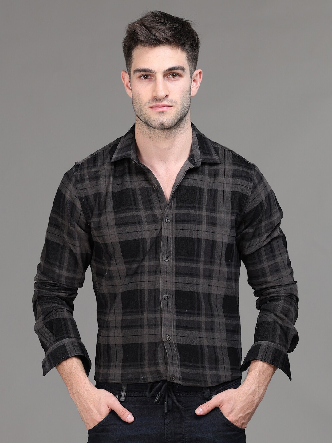 

POE Smart Slim Fit Tartan Checks Opaque Casual Pure Cotton Shirt, Grey