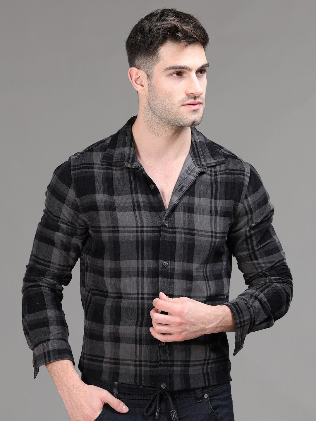 

POE Smart Slim Fit Tartan Checks Opaque Casual Pure Cotton Shirt, Black