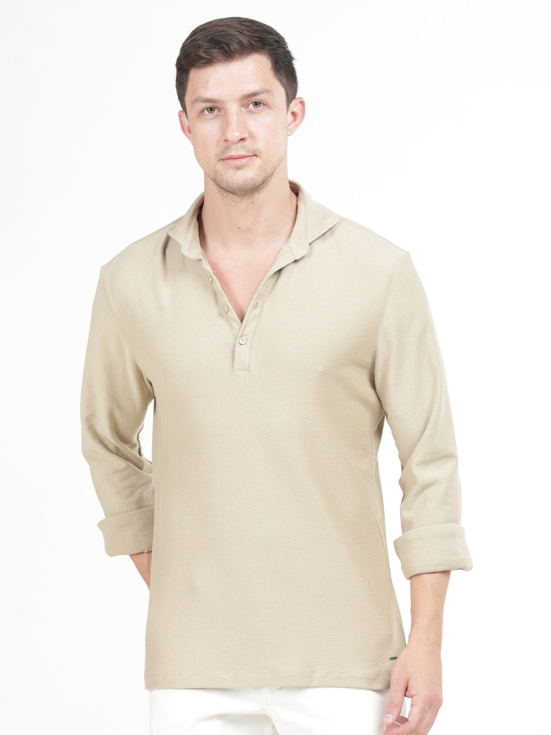 

POE Smart Slim Fit Half Placket Pure Cotton Shirt, Beige