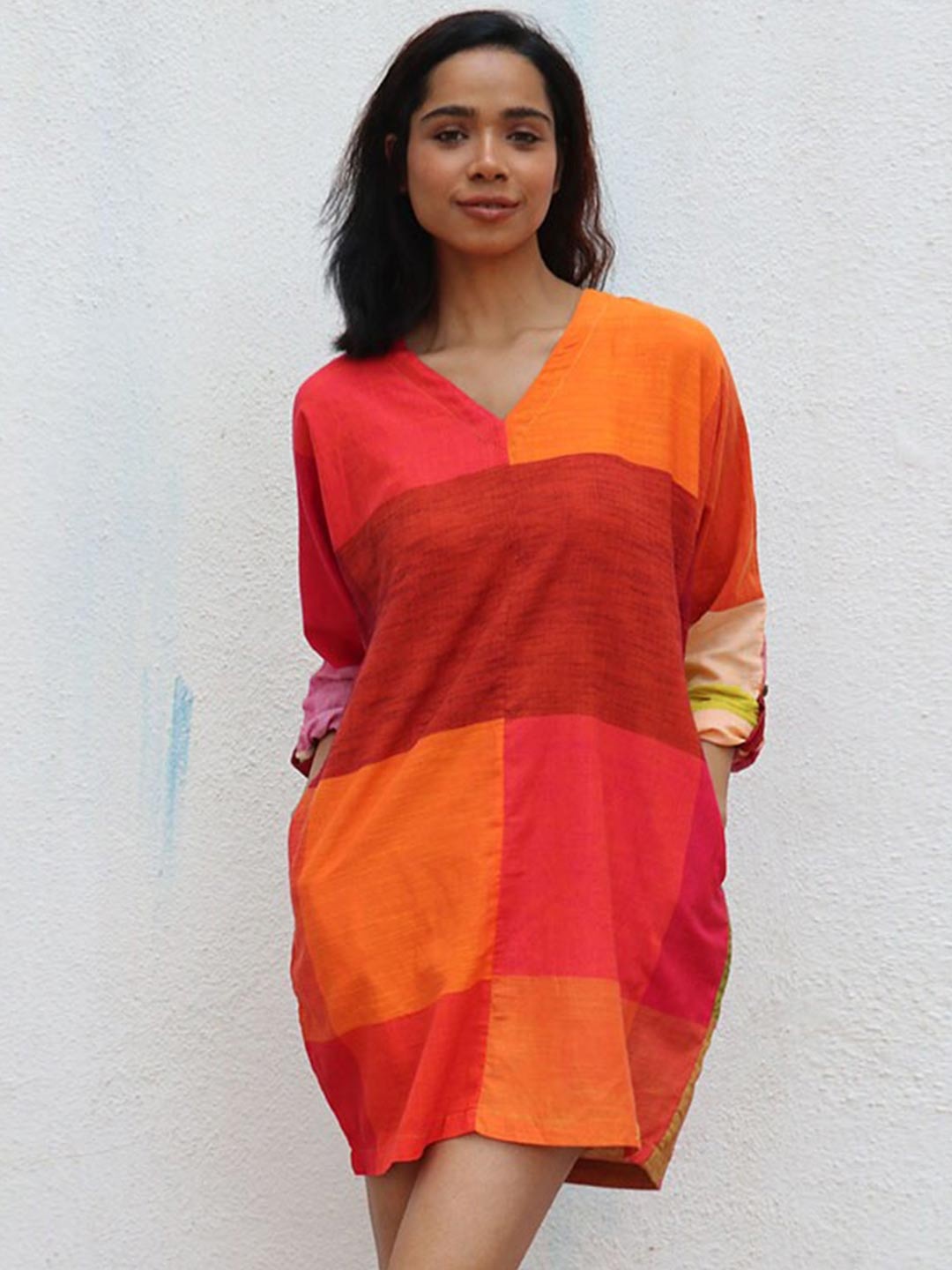 

Chidiyaa Colourblocked Cotton V-Neck Sheath Casual Dress, Yellow