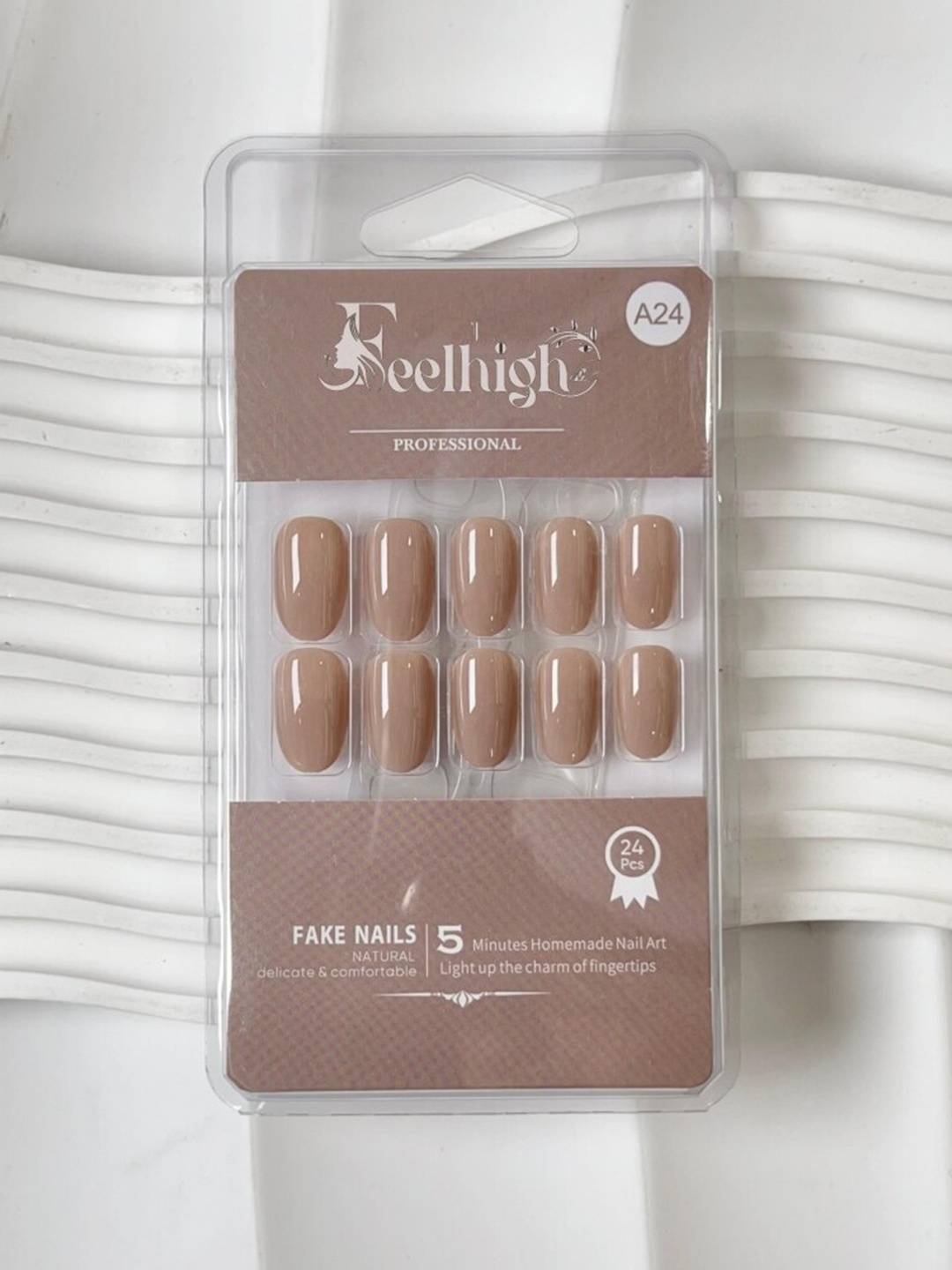 

FEELHIGH 24Pcs Reusable Long Lasting Artificial Fake Nail Set - 24, Beige