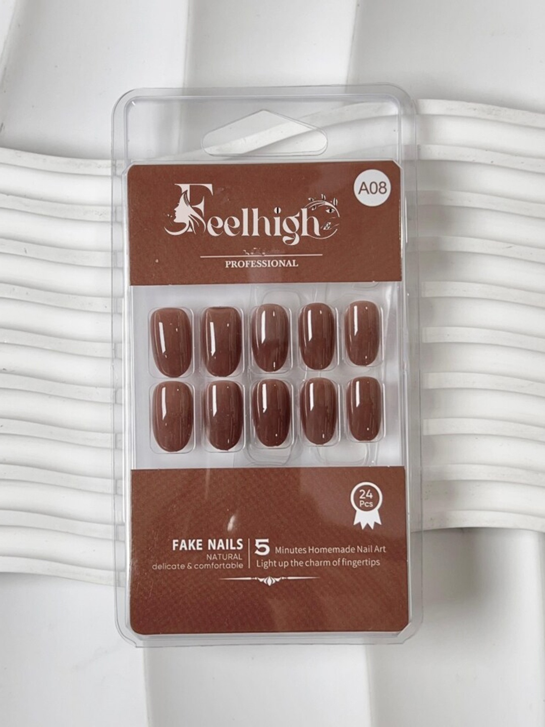 

FEELHIGH 24-Pcs Long Lasting Quick Fix Artificial Nail Set - A08, Brown