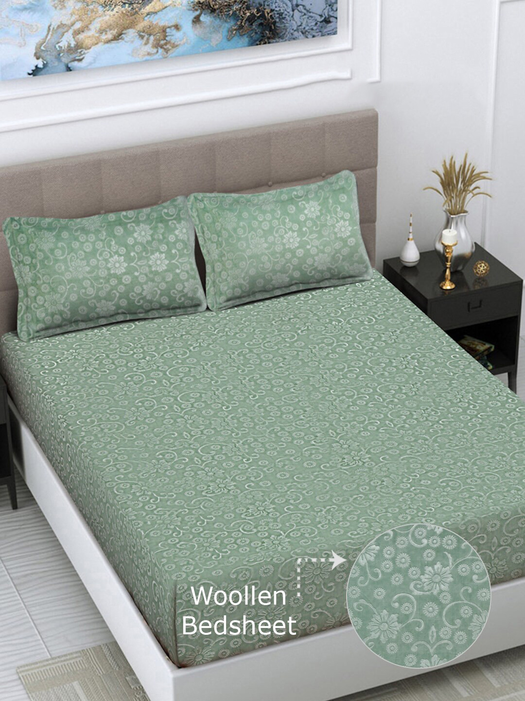 

FABINALIV Green Floral 300 TC Woollen Embossed King Size Bedsheet with 2 Pillow Covers
