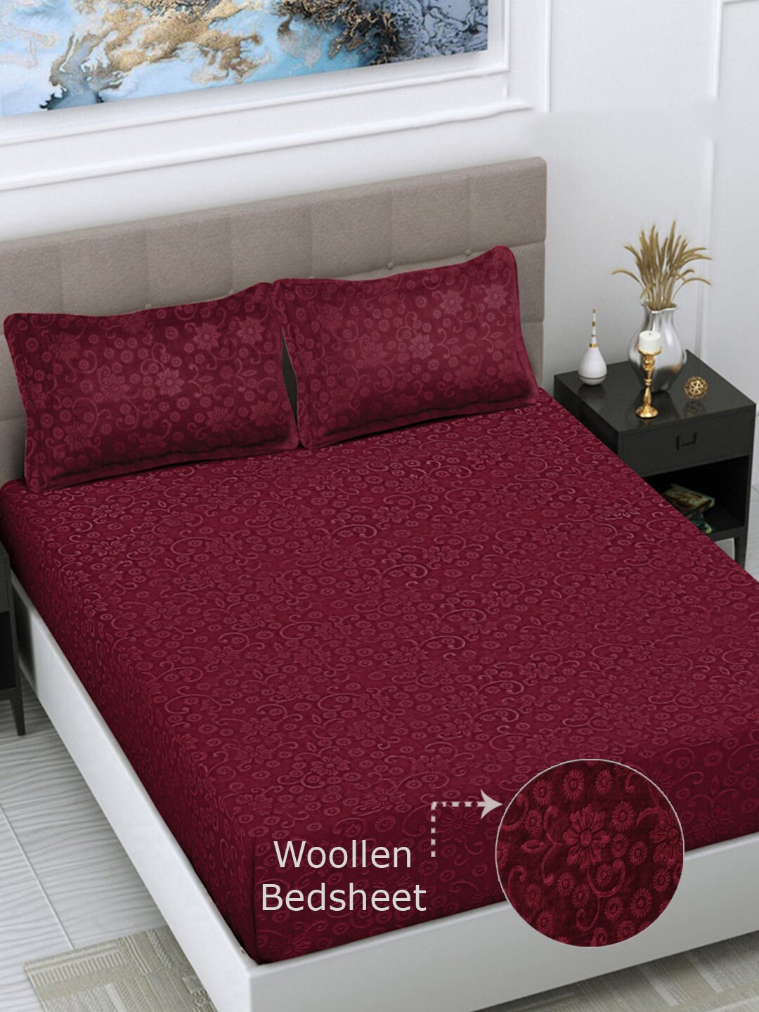 

FABINALIV Maroon Floral 300 TC Woollen Embossed King Size Bedsheet with 2 Pillow Covers